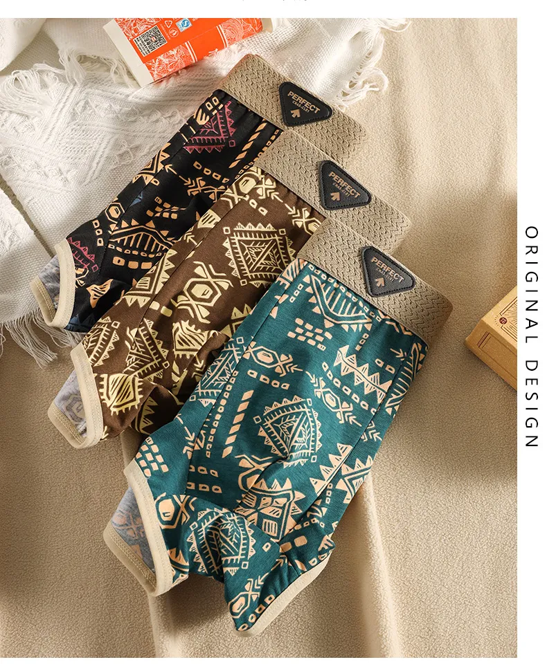 Men's Retro Ethnic Style Cotton Boxer Briefs - Single Pack Breathable Underwear with Printed Design - Comfortable and Stylish showcase 12