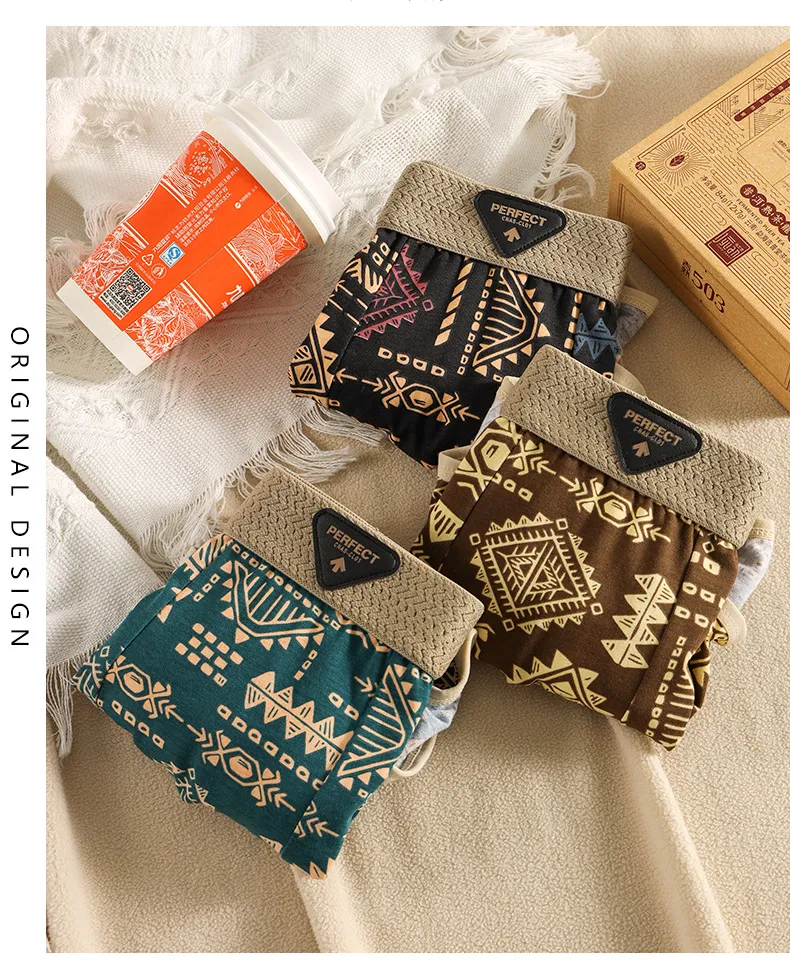 Men's Retro Ethnic Style Cotton Boxer Briefs - Single Pack Breathable Underwear with Printed Design - Comfortable and Stylish showcase 10