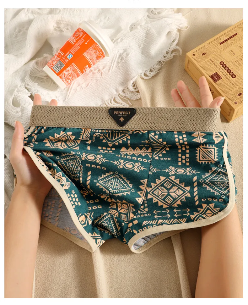 Men's Retro Ethnic Style Cotton Boxer Briefs - Single Pack Breathable Underwear with Printed Design - Comfortable and Stylish showcase 14