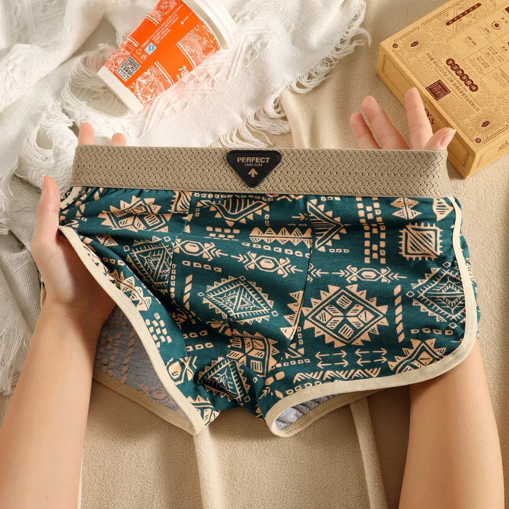 Men's Retro Ethnic Style Cotton Boxer Briefs - Single Pack Breathable Underwear with Printed Design - Comfortable and Stylish thumbnail 6