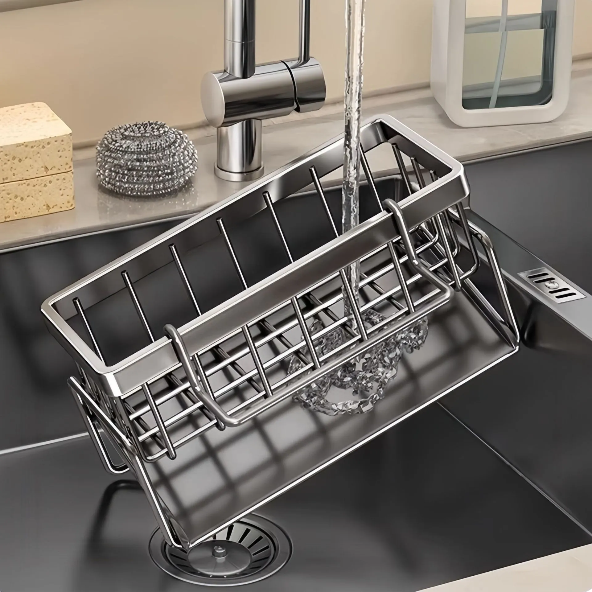 Kitchen Sponge Holder Organizer Rack - Faucet Mount Dish Cloth Drainer - Sink Caddy for Soap, Scrubber, Brush - Stainless Steel Storage Shelf thumbnail 4