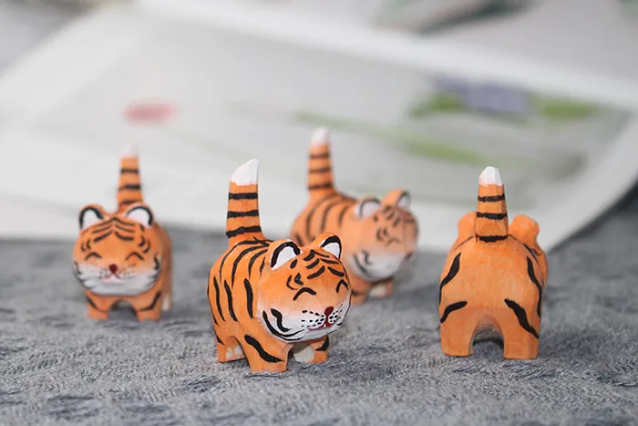 Cute Wooden Tiger Ornaments - Hand Carved Small Animal Pendants - Cartoon Style Wood Carving Gifts for Kids and Adults showcase 1