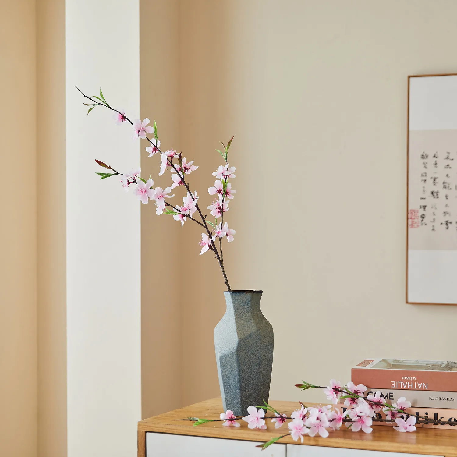 Artificial Peach Blossom Branch Silk Flower Bouquet - Realistic Plum Blossom Floral Arrangement for Living Room Wedding Home Decoration Dining Table Centerpiece thumbnail 9