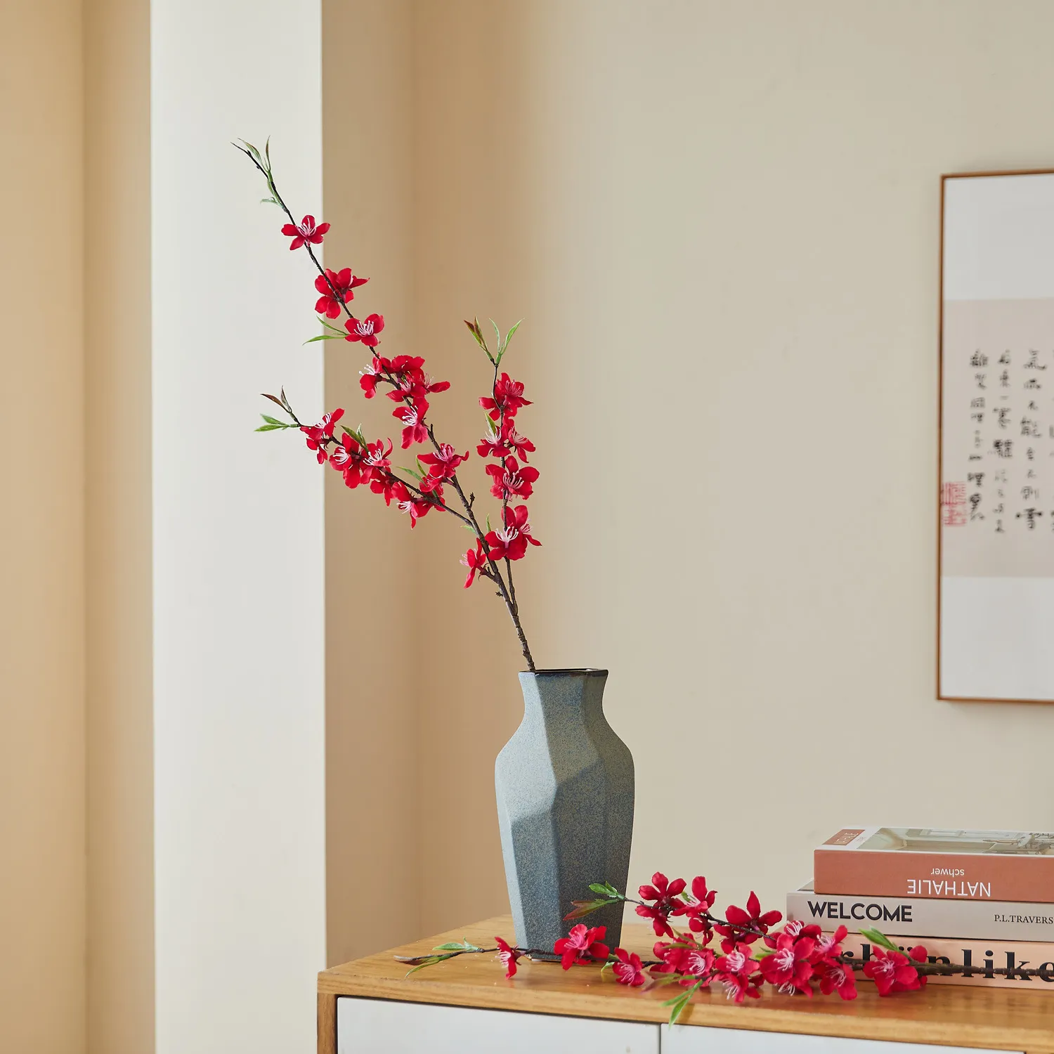 Artificial Peach Blossom Branch Silk Flower Bouquet - Realistic Plum Blossom Floral Arrangement for Living Room Wedding Home Decoration Dining Table Centerpiece thumbnail 2