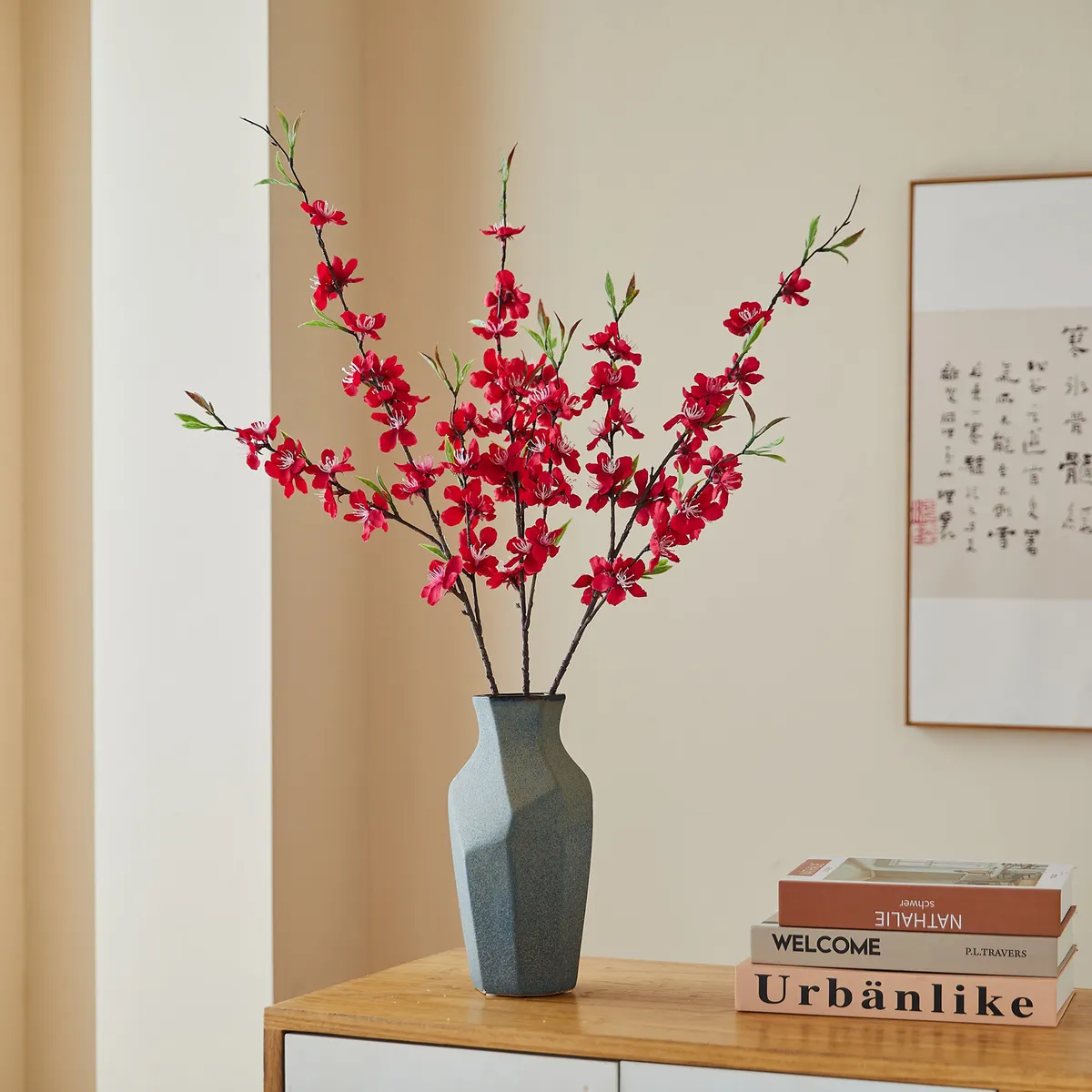 Artificial Peach Blossom Branch Silk Flower Bouquet - Realistic Plum Blossom Floral Arrangement for Living Room Wedding Home Decoration Dining Table Centerpiece showcase 11
