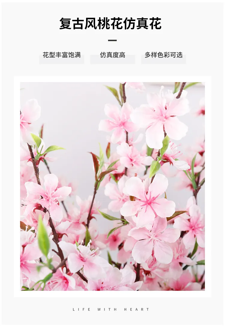 Artificial Peach Blossom Branch Silk Flower Bouquet - Realistic Plum Blossom Floral Arrangement for Living Room Wedding Home Decoration Dining Table Centerpiece showcase 2