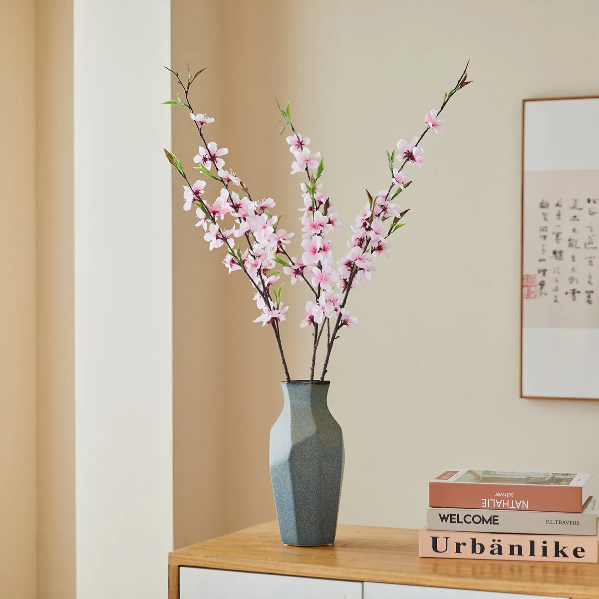 Artificial Peach Blossom Branch Silk Flower Bouquet - Realistic Plum Blossom Floral Arrangement for Living Room Wedding Home Decoration Dining Table Centerpiece showcase 6