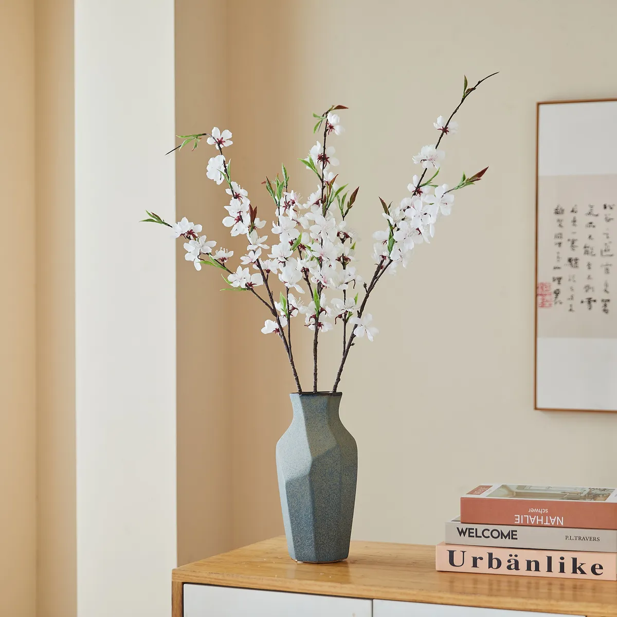 Artificial Peach Blossom Branch Silk Flower Bouquet - Realistic Plum Blossom Floral Arrangement for Living Room Wedding Home Decoration Dining Table Centerpiece showcase 9