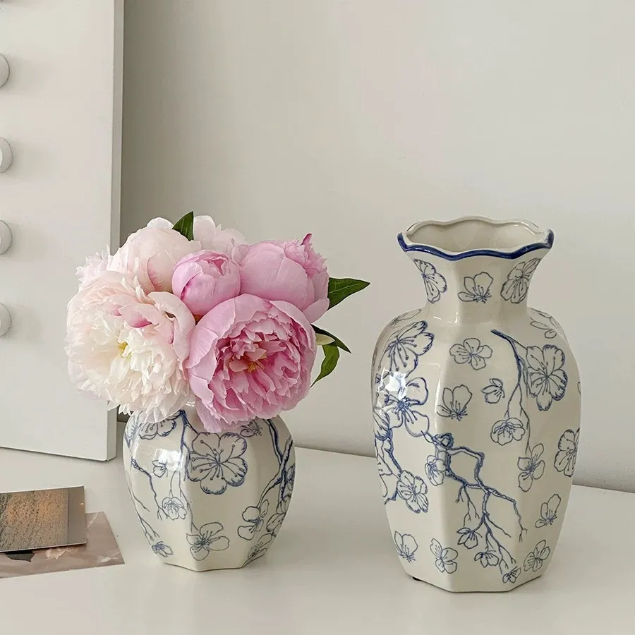 Blue and White Porcelain Vase - Retro Ceramic Flower Arrangement Ornament - High-End Niche Home Decoration - Ceramic Flower Vessel - Medieval Style thumbnail 1