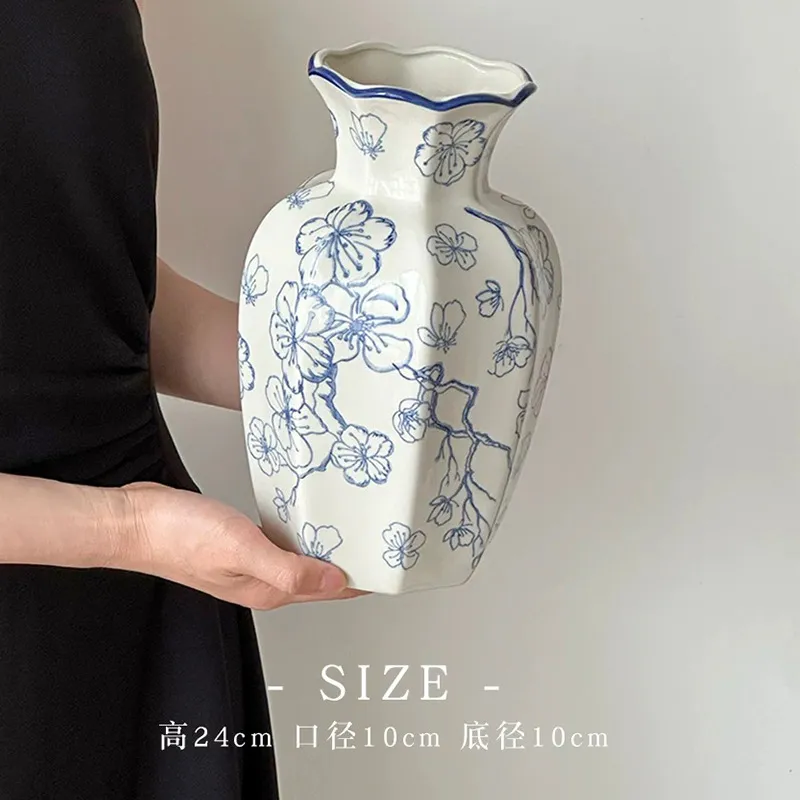 Blue and White Porcelain Vase - Retro Ceramic Flower Arrangement Ornament - High-End Niche Home Decoration - Ceramic Flower Vessel - Medieval Style thumbnail 8