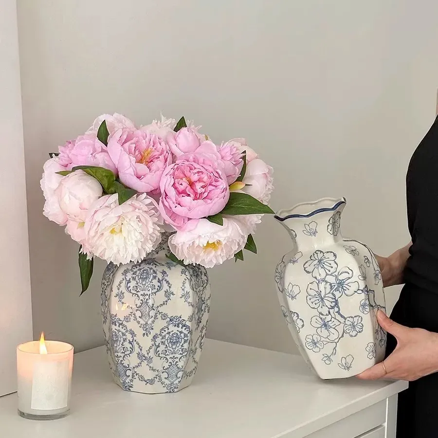 Blue and White Porcelain Vase - Retro Ceramic Flower Arrangement Ornament - High-End Niche Home Decoration - Ceramic Flower Vessel - Medieval Style thumbnail 2
