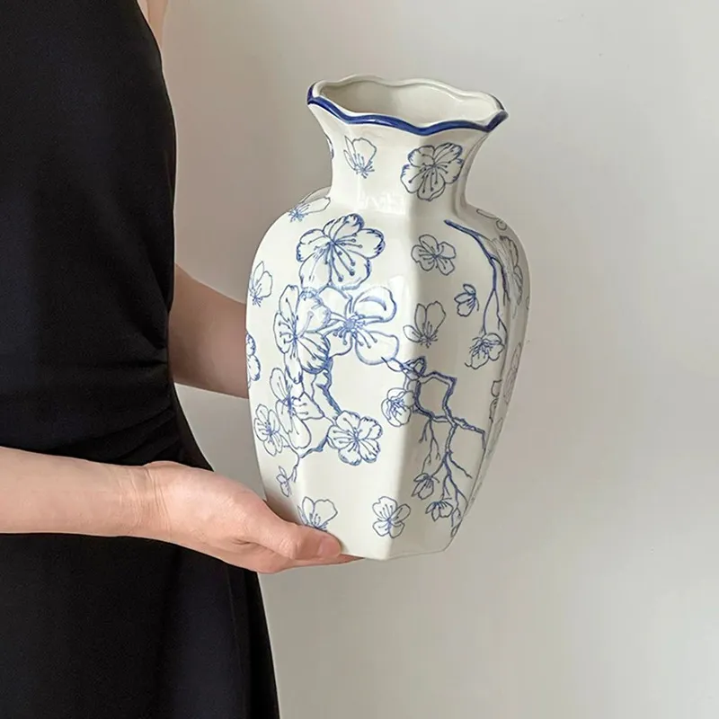 Blue and White Porcelain Vase - Retro Ceramic Flower Arrangement Ornament - High-End Niche Home Decoration - Ceramic Flower Vessel - Medieval Style thumbnail 4