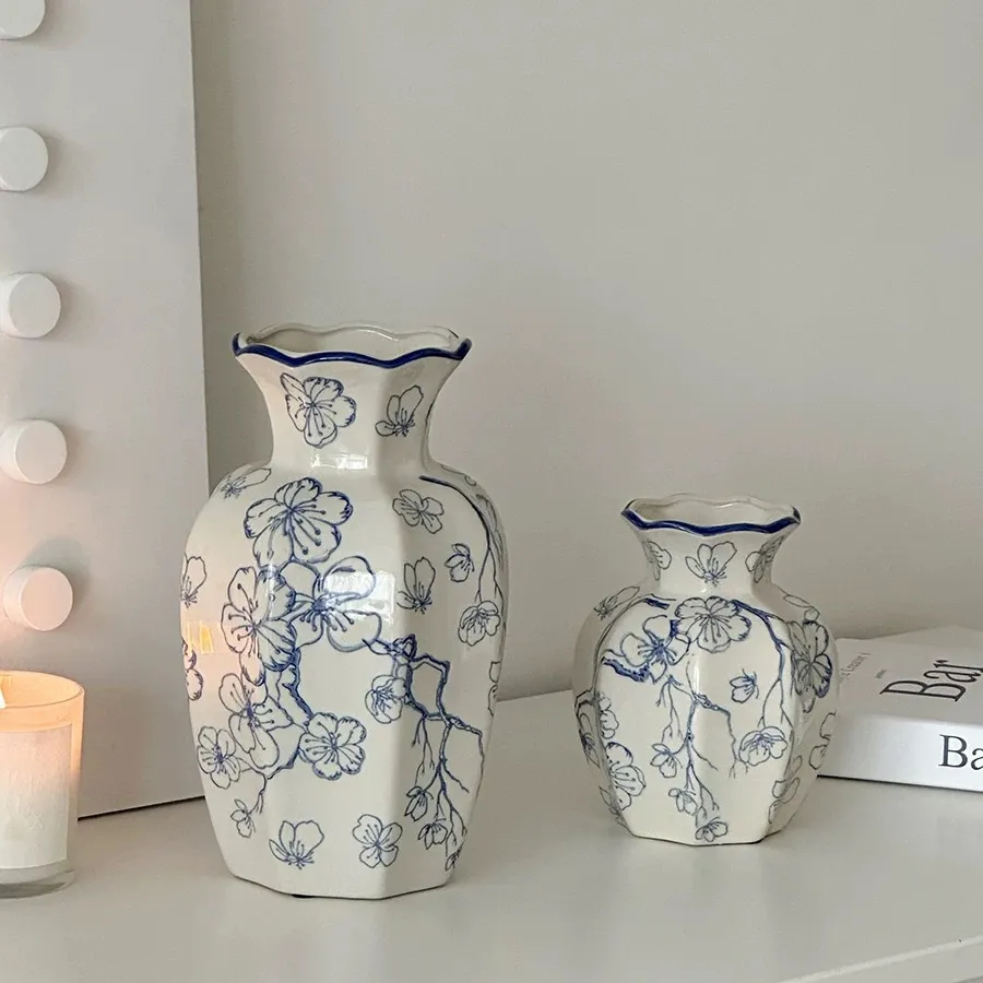 Blue and White Porcelain Vase - Retro Ceramic Flower Arrangement Ornament - High-End Niche Home Decoration - Ceramic Flower Vessel - Medieval Style thumbnail 3