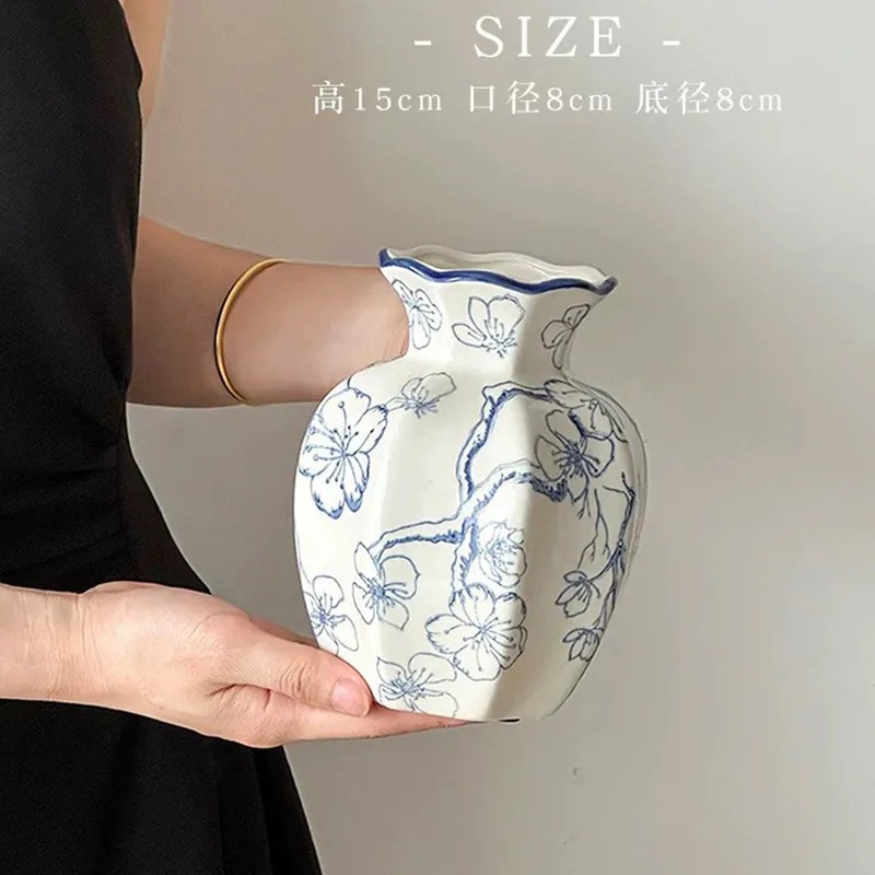 Blue and White Porcelain Vase - Retro Ceramic Flower Arrangement Ornament - High-End Niche Home Decoration - Ceramic Flower Vessel - Medieval Style thumbnail 7