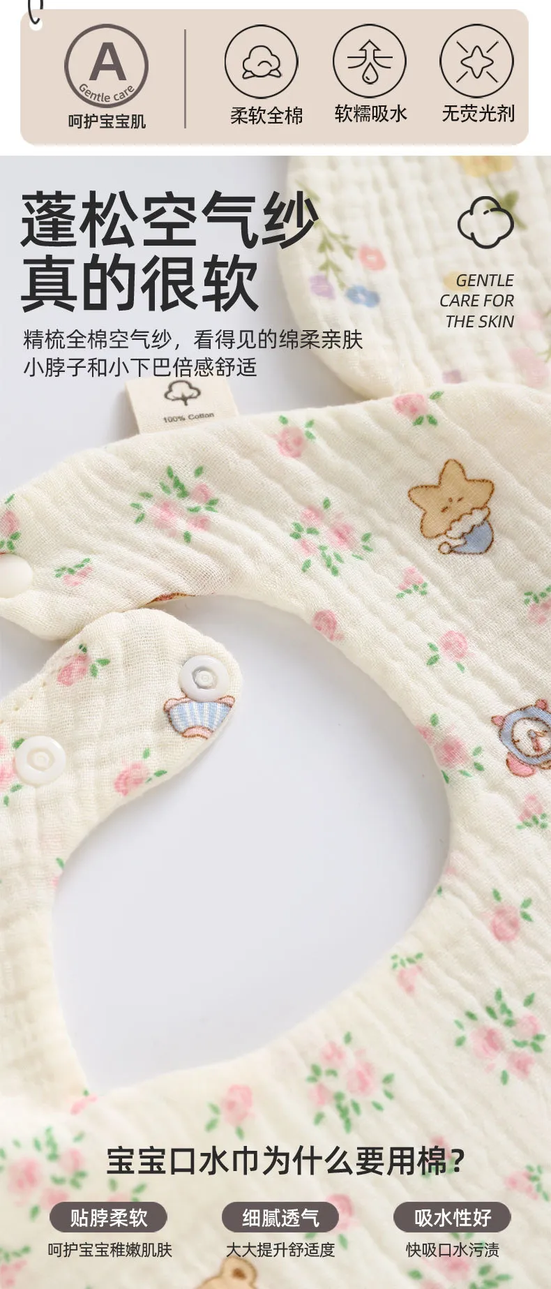 Soft Cotton Baby Bibs 360 Degree Rotating - 6 Layer Gauze, Adjustable Snap Buttons, Infant and Toddler Saliva Towel, Class A Material showcase 6