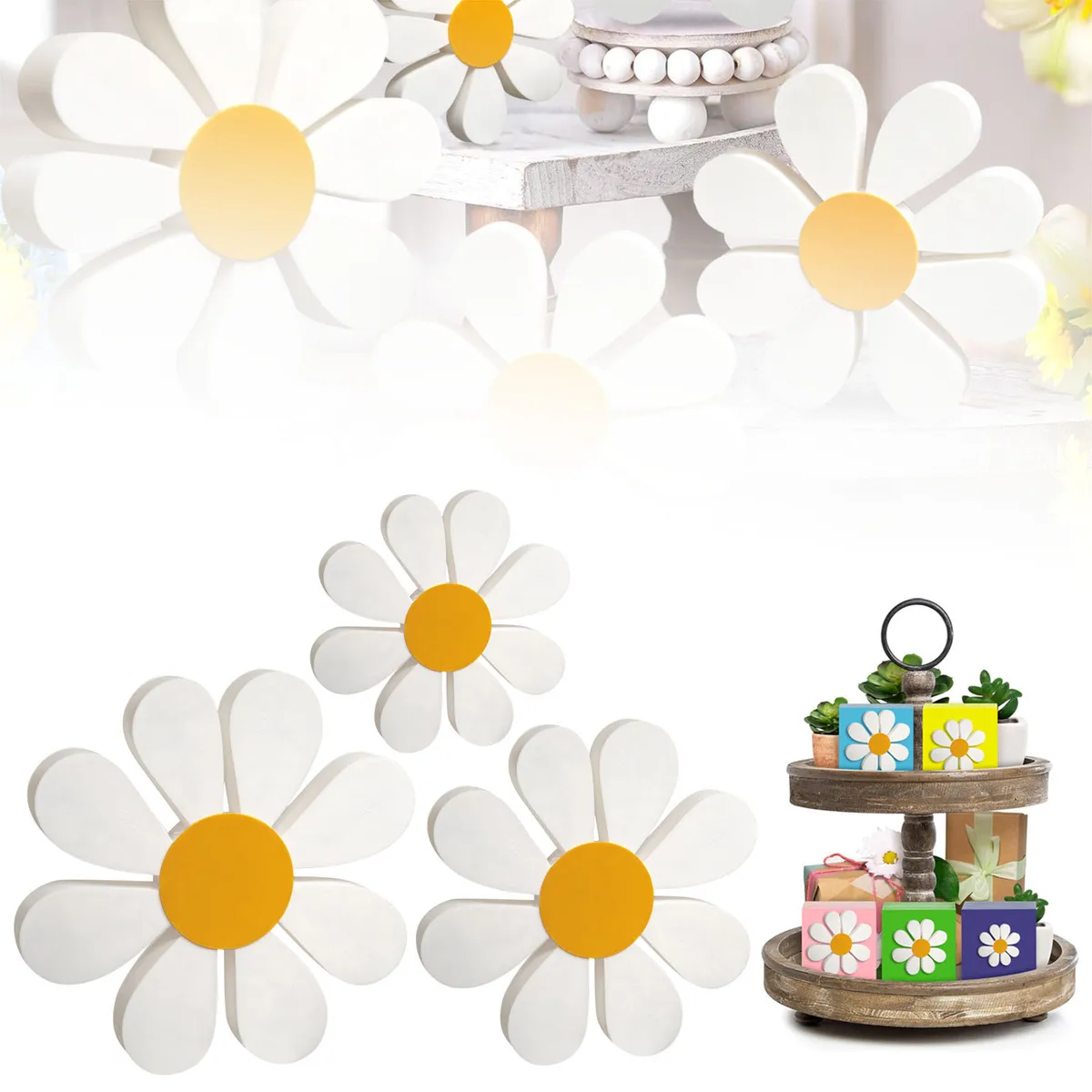 Daisy Wooden Ornaments 3D Set - Yellow and White Flower Home Decor - Cross-Border Wooden Crafts for Living Room, Bedroom, Office Decoration showcase 3
