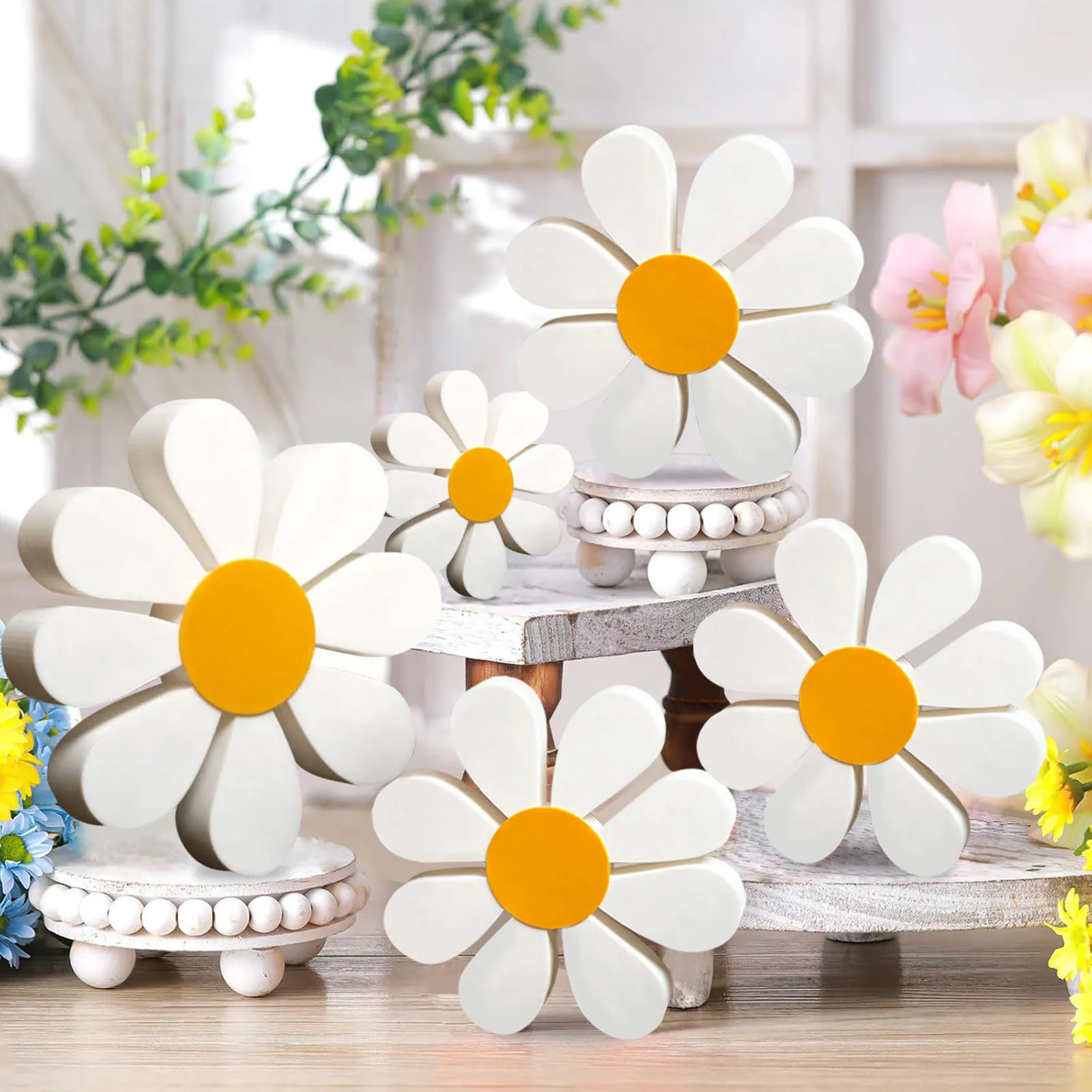 Daisy Wooden Ornaments 3D Set - Yellow and White Flower Home Decor - Cross-Border Wooden Crafts for Living Room, Bedroom, Office Decoration thumbnail 4