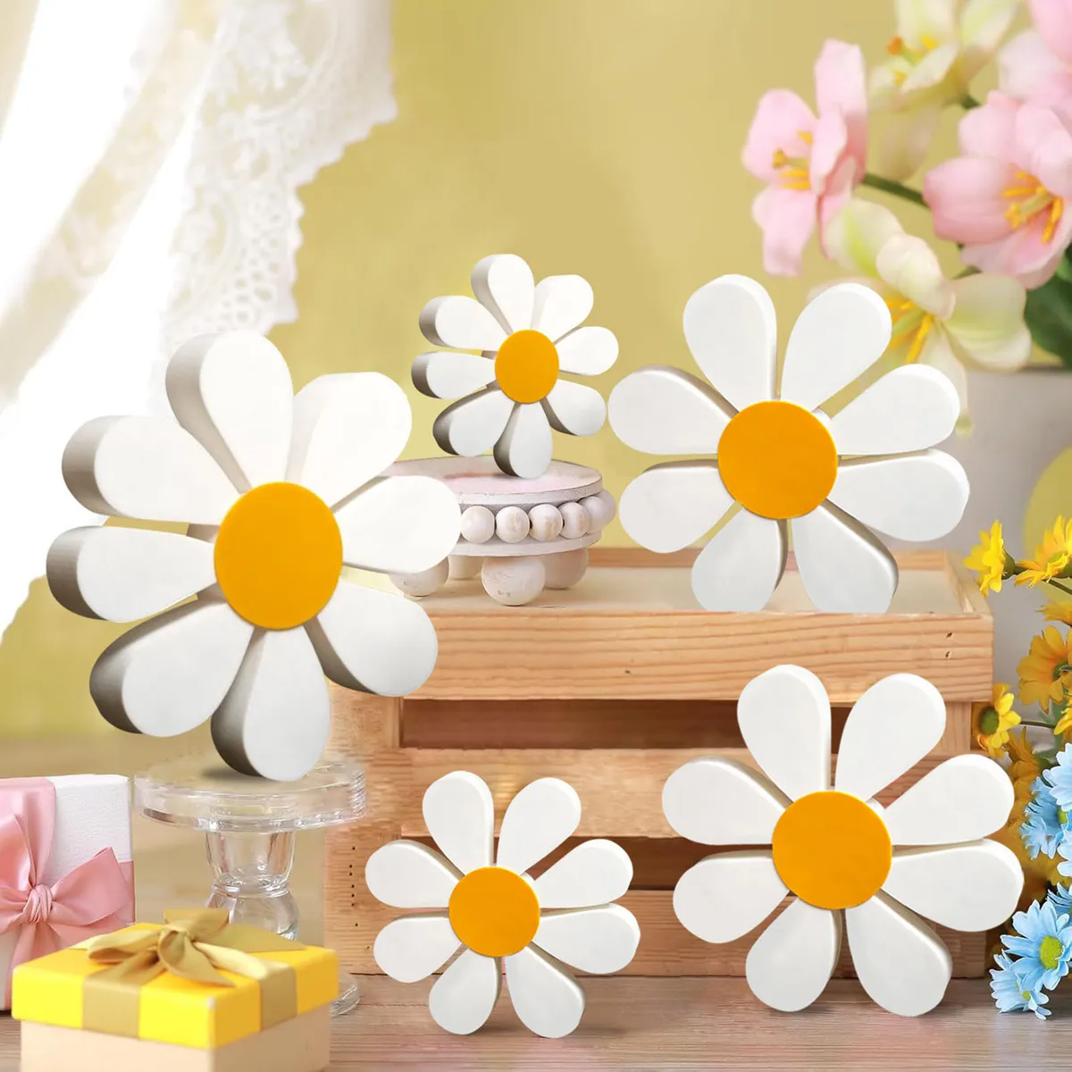Daisy Wooden Ornaments 3D Set - Yellow and White Flower Home Decor - Cross-Border Wooden Crafts for Living Room, Bedroom, Office Decoration showcase 8