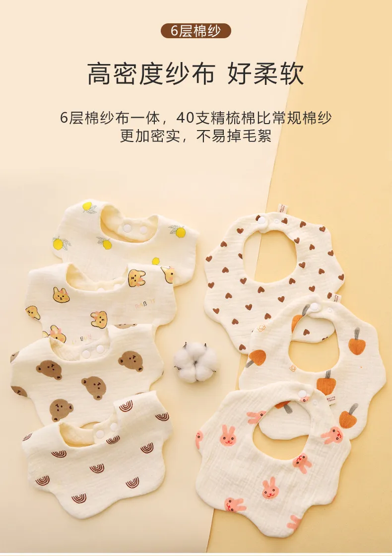 Baby Bibs 6-Layer Cotton Gauze Breathable Saliva Towel Newborn Bib Class A Male Female Petal Bibs Soft Absorbent Feeding Dribble Bibs showcase 5