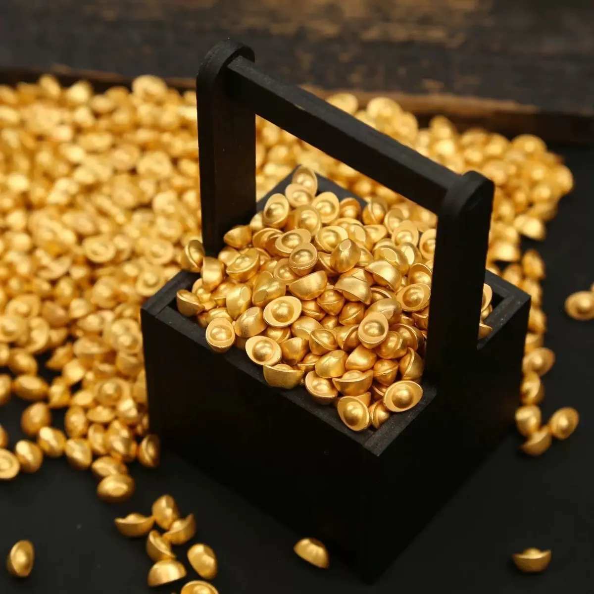 Lucky Gold Ingot Ornament - Feng Shui Wealth Attraction - Home Decor - Chinese New Year Gift - Metal Craft - Glossy Finish - Simulated Gold Bar showcase 1