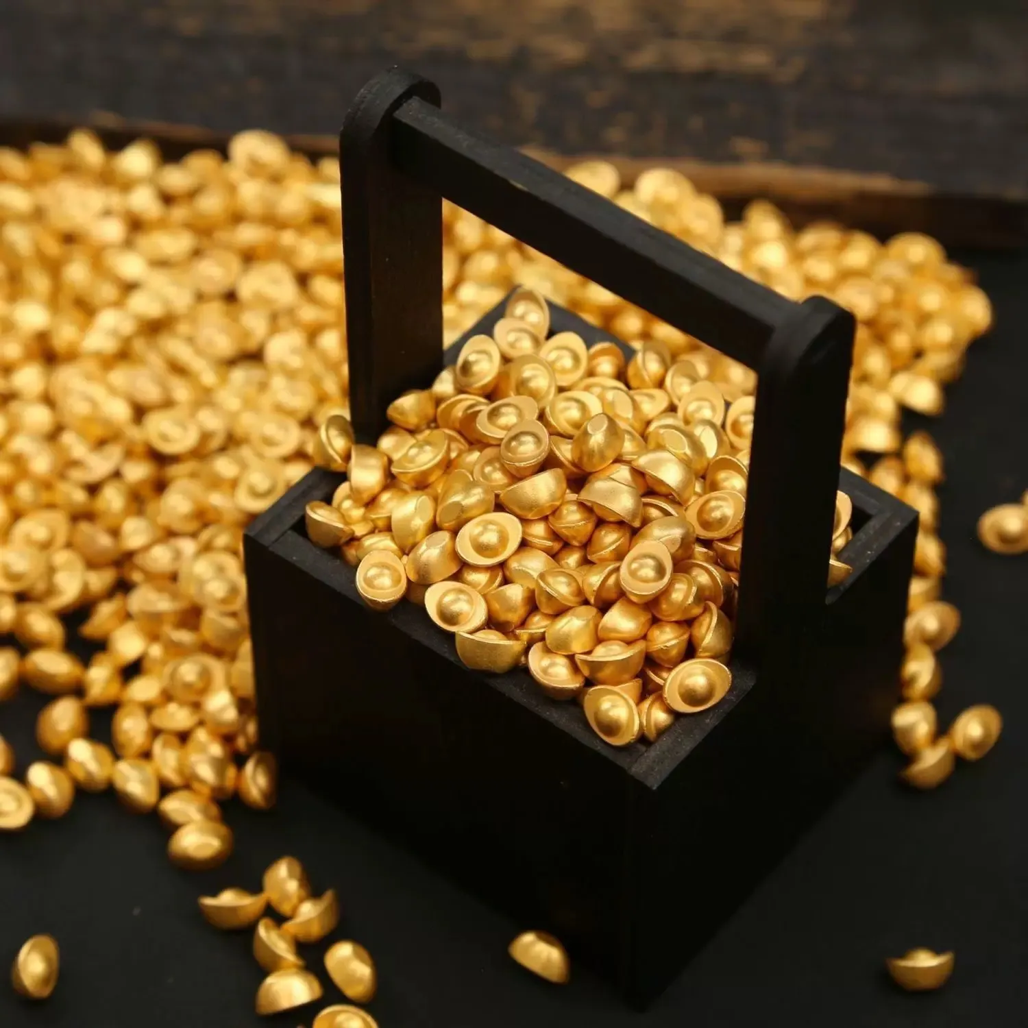 Lucky Gold Ingot Ornament - Feng Shui Wealth Attraction - Home Decor - Chinese New Year Gift - Metal Craft - Glossy Finish - Simulated Gold Bar thumbnail 1