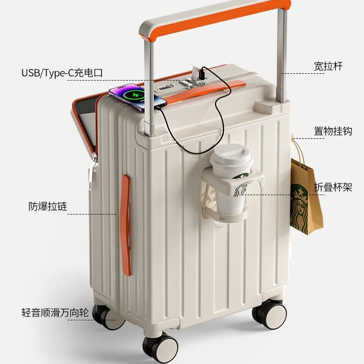 20-inch Expandable Rolling Luggage Suitcase with Cup Holder - Multifunctional Carry-on Spinner for Men and Women - Front Opening Travel Boarding Box with Password Lock thumbnail 2