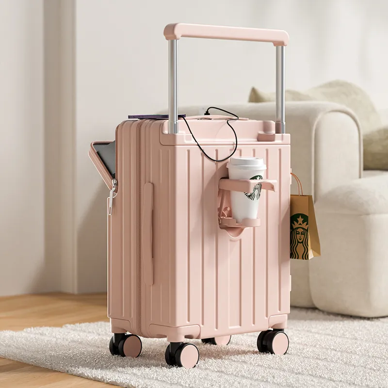 20-inch Expandable Rolling Luggage Suitcase with Cup Holder - Multifunctional Carry-on Spinner for Men and Women - Front Opening Travel Boarding Box with Password Lock thumbnail 10