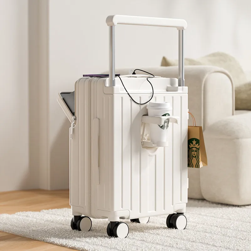 20-inch Expandable Rolling Luggage Suitcase with Cup Holder - Multifunctional Carry-on Spinner for Men and Women - Front Opening Travel Boarding Box with Password Lock thumbnail 9