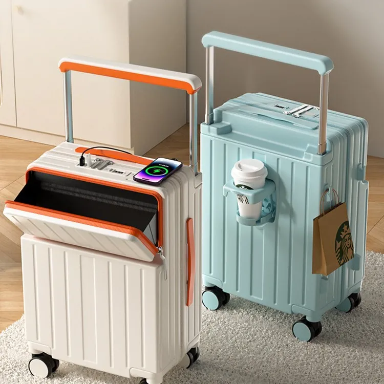 20-inch Expandable Rolling Luggage Suitcase with Cup Holder - Multifunctional Carry-on Spinner for Men and Women - Front Opening Travel Boarding Box with Password Lock thumbnail 1