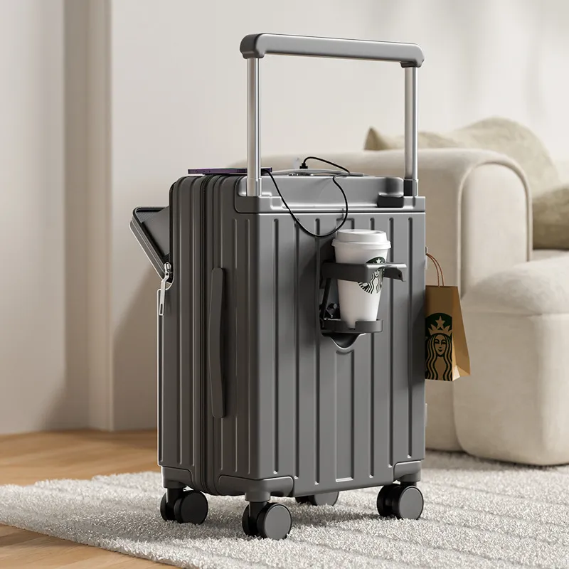 20-inch Expandable Rolling Luggage Suitcase with Cup Holder - Multifunctional Carry-on Spinner for Men and Women - Front Opening Travel Boarding Box with Password Lock thumbnail 6