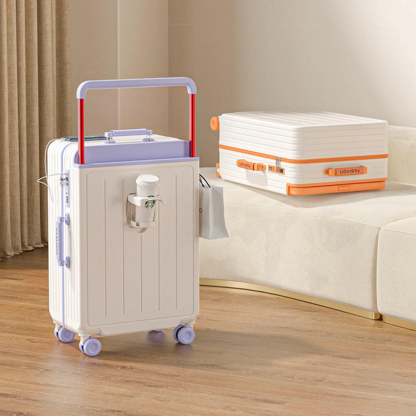Women's Wide Trolley Suitcase Rolling Luggage Set | Large Capacity Carry-On Suitcase with Wheels | Fashionable Contrasting Color Password Box for Travel, Business Trips thumbnail 1