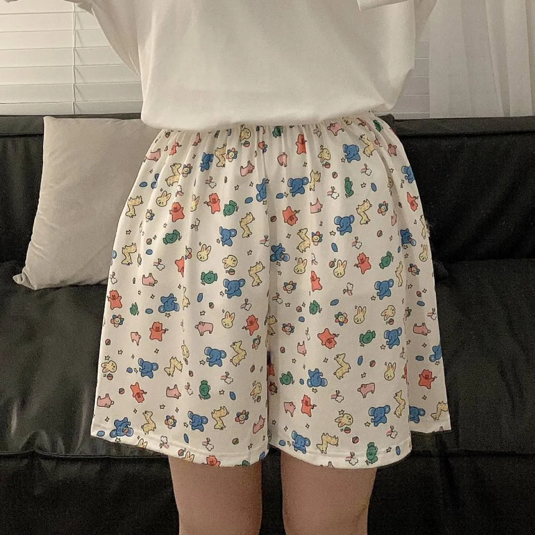 Women's Cartoon Print Pajama Pants Shorts - Summer Casual Loose Fit Walking Trousers - Lightweight Thin Outerwear Bottoms thumbnail 8