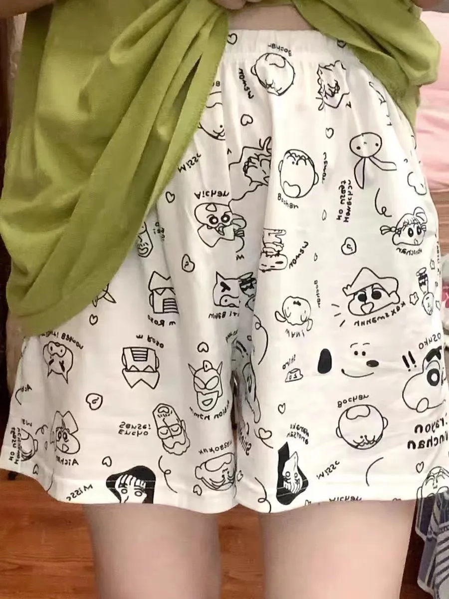 Women's Cartoon Print Pajama Pants Shorts - Summer Casual Loose Fit Walking Trousers - Lightweight Thin Outerwear Bottoms showcase 3