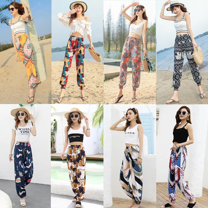 Women's Anti-Mosquito Cotton Silk Pajama Pants - Summer Thin Ice Silk Ankle-Tied Casual Bloomers for Beach, Sleepwear, and Loungewear thumbnail 1