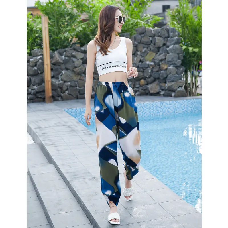 Women's Anti-Mosquito Cotton Silk Pajama Pants - Summer Thin Ice Silk Ankle-Tied Casual Bloomers for Beach, Sleepwear, and Loungewear thumbnail 4