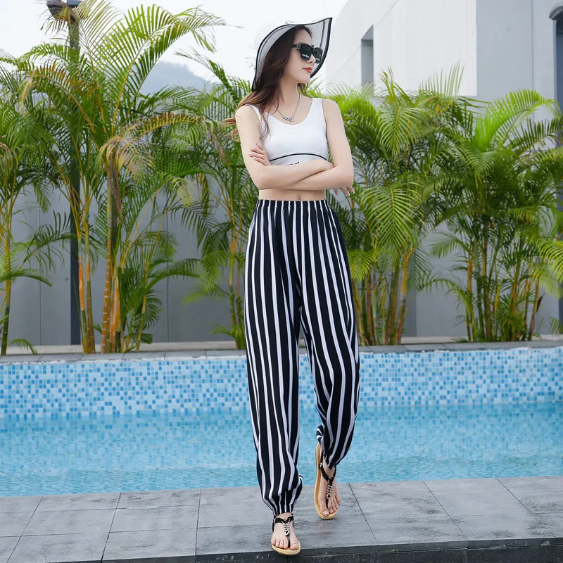 Women's Anti-Mosquito Cotton Silk Pajama Pants - Summer Thin Ice Silk Ankle-Tied Casual Bloomers for Beach, Sleepwear, and Loungewear thumbnail 3