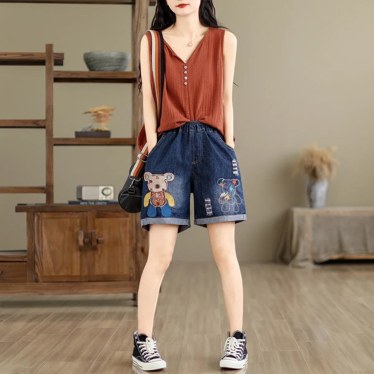 Women's Denim Shorts - Cute Cartoon Bear Embroidery, Ripped Details, High Waist, Loose Fit, Wide Leg - Trendy Casual Summer Pants showcase 2