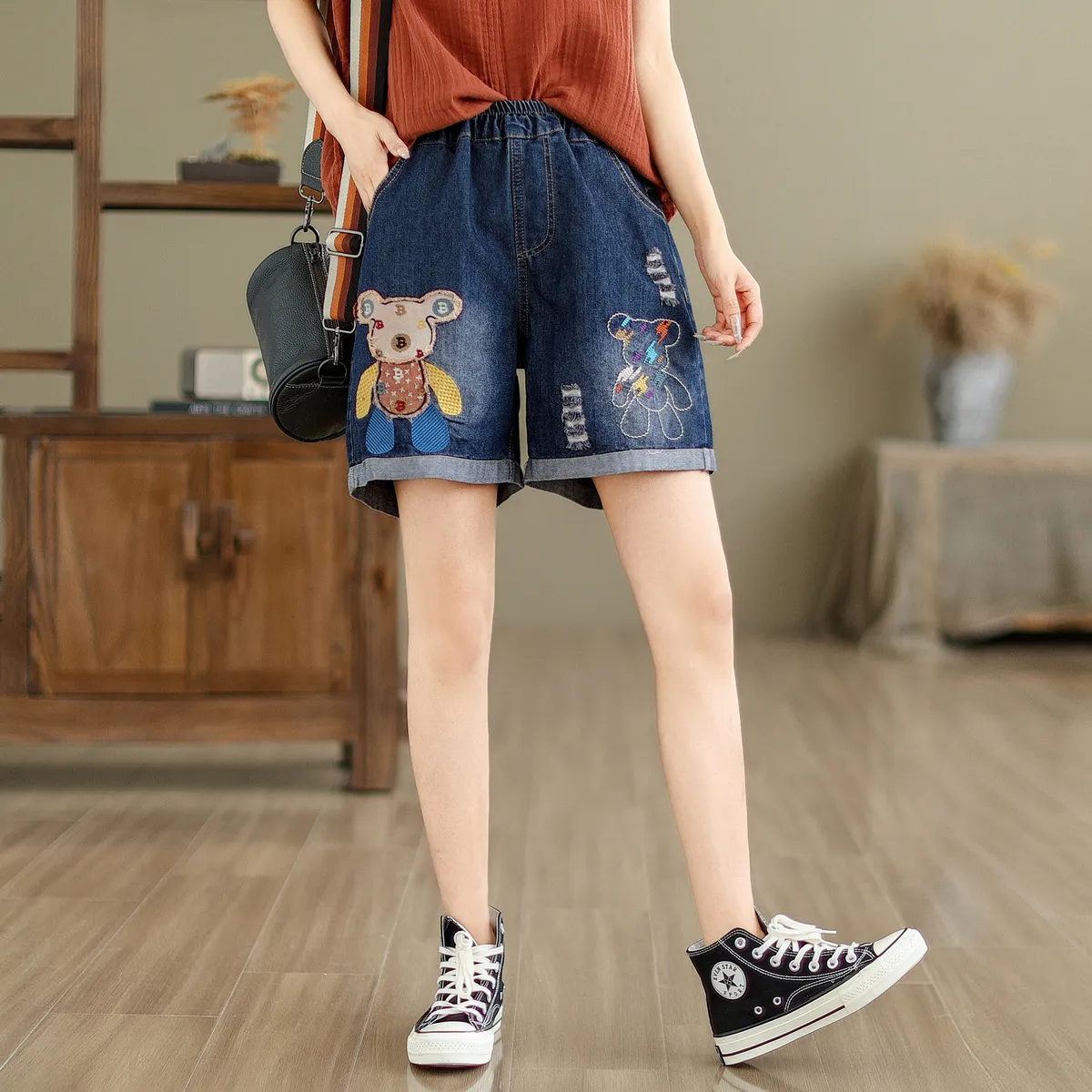 Women's Denim Shorts - Cute Cartoon Bear Embroidery, Ripped Details, High Waist, Loose Fit, Wide Leg - Trendy Casual Summer Pants thumbnail 3