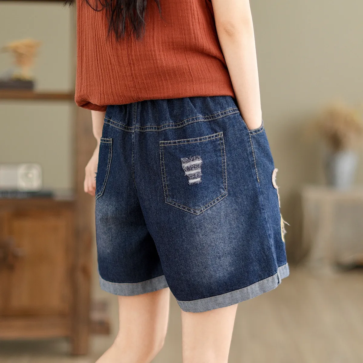 Women's Denim Shorts - Cute Cartoon Bear Embroidery, Ripped Details, High Waist, Loose Fit, Wide Leg - Trendy Casual Summer Pants thumbnail 4