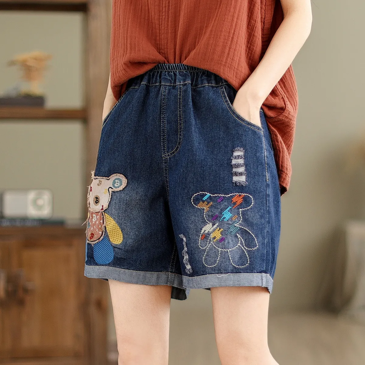 Women's Denim Shorts - Cute Cartoon Bear Embroidery, Ripped Details, High Waist, Loose Fit, Wide Leg - Trendy Casual Summer Pants thumbnail 2