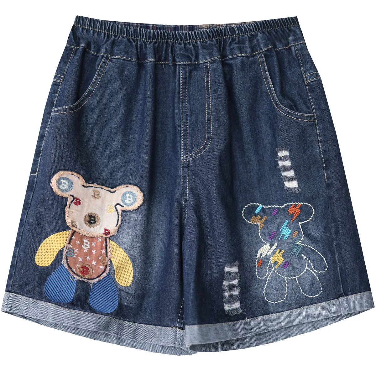 Women's Denim Shorts - Cute Cartoon Bear Embroidery, Ripped Details, High Waist, Loose Fit, Wide Leg - Trendy Casual Summer Pants thumbnail 5