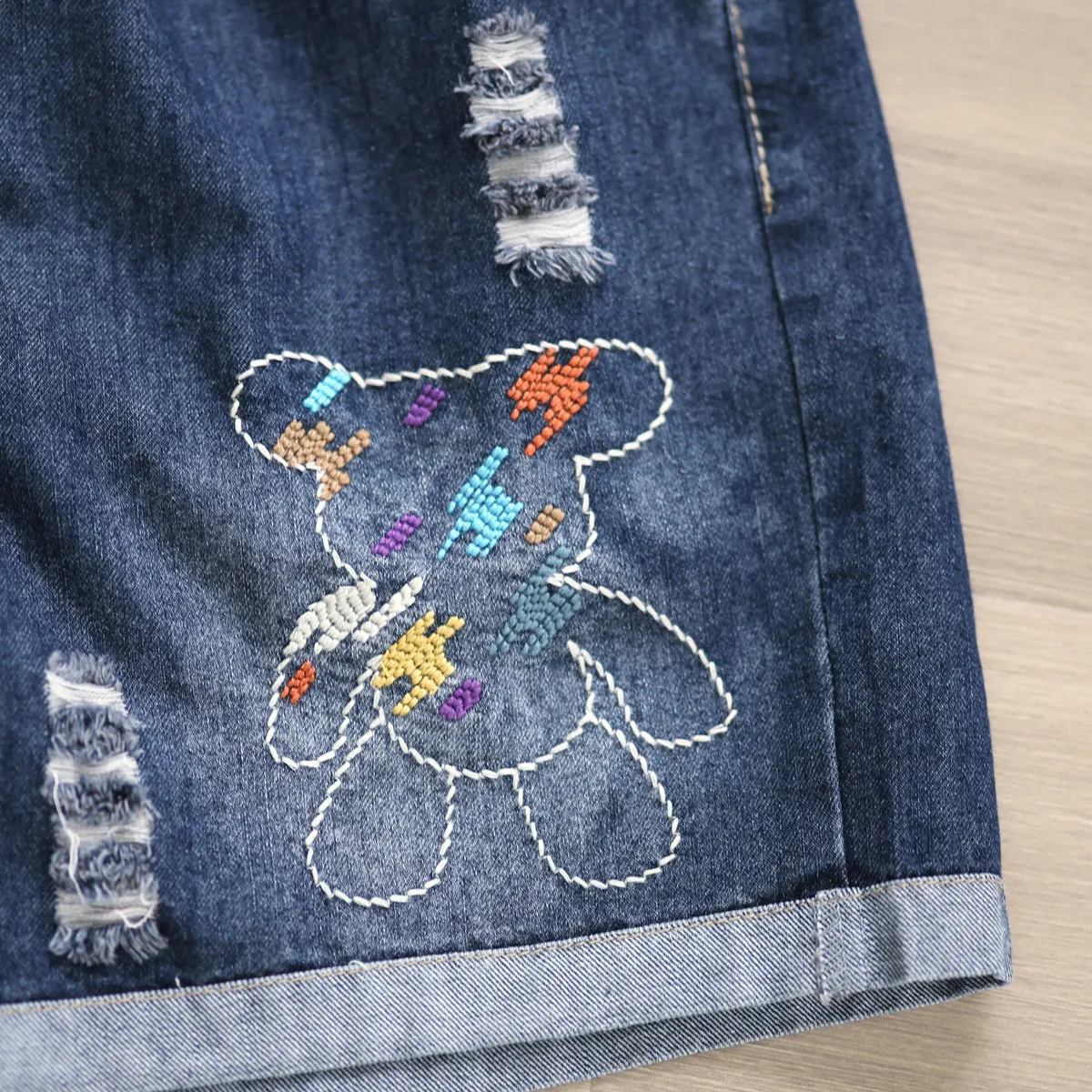 Women's Denim Shorts - Cute Cartoon Bear Embroidery, Ripped Details, High Waist, Loose Fit, Wide Leg - Trendy Casual Summer Pants showcase 6