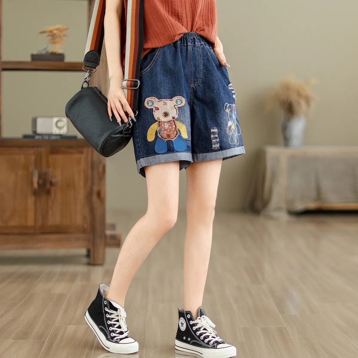 Women's Denim Shorts - Cute Cartoon Bear Embroidery, Ripped Details, High Waist, Loose Fit, Wide Leg - Trendy Casual Summer Pants showcase 3