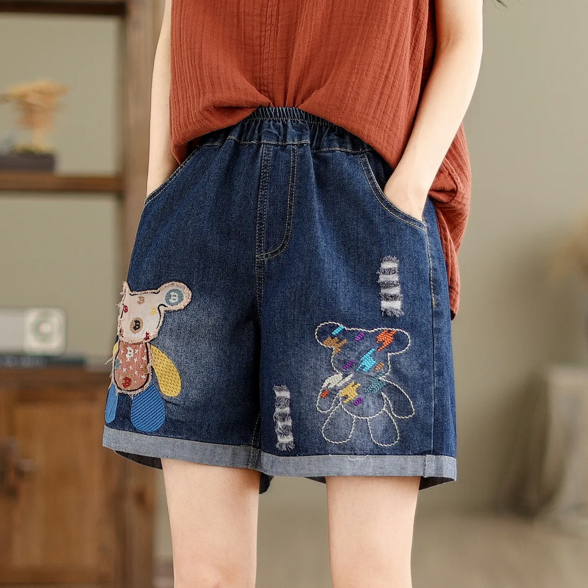Women's Denim Shorts - Cute Cartoon Bear Embroidery, Ripped Details, High Waist, Loose Fit, Wide Leg - Trendy Casual Summer Pants thumbnail 1