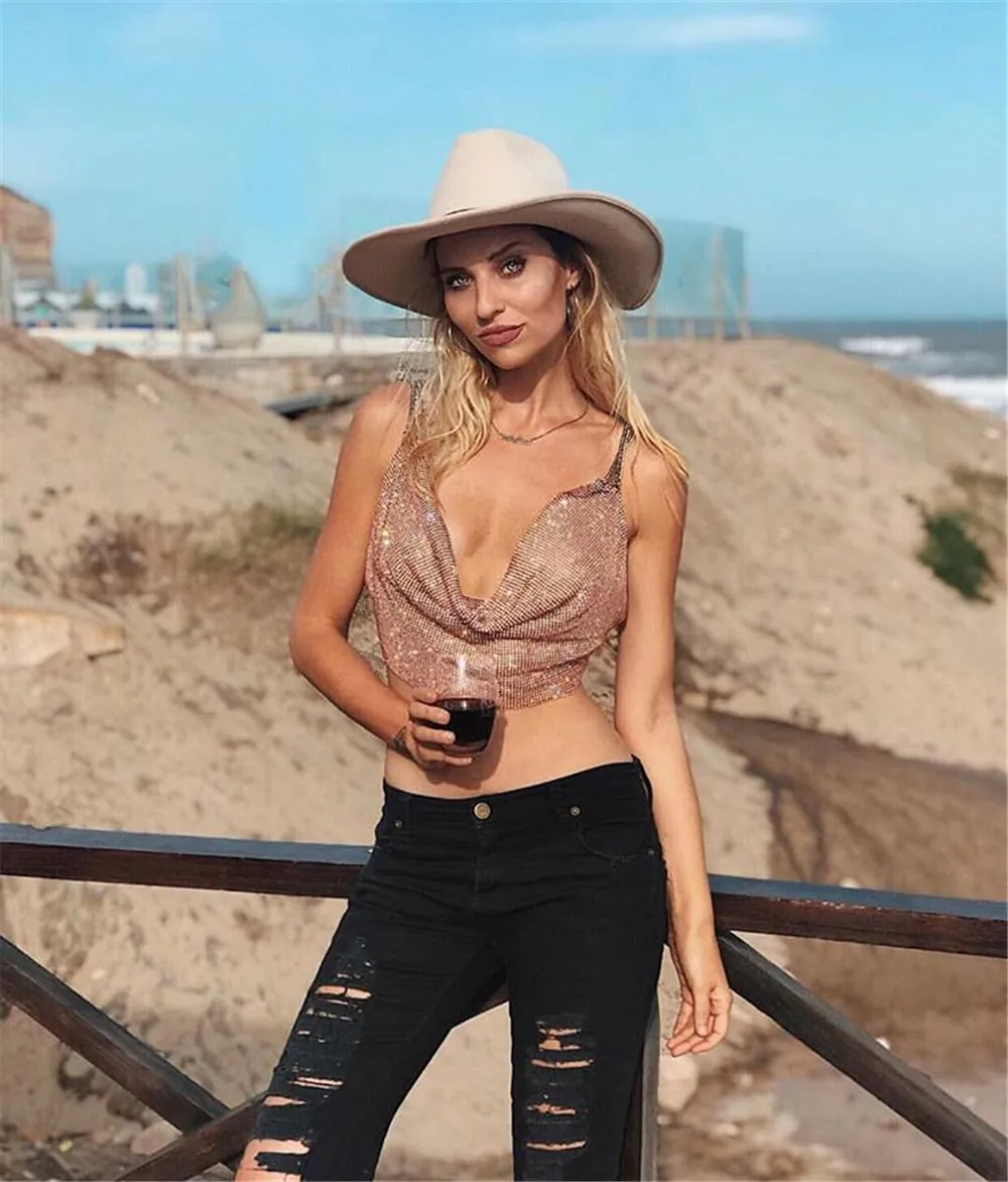 Women's Sexy Deep V Neck Sleeveless Crop Top Rhinestone Chain Backless Vest Nightclub Party Fashion Top thumbnail 9