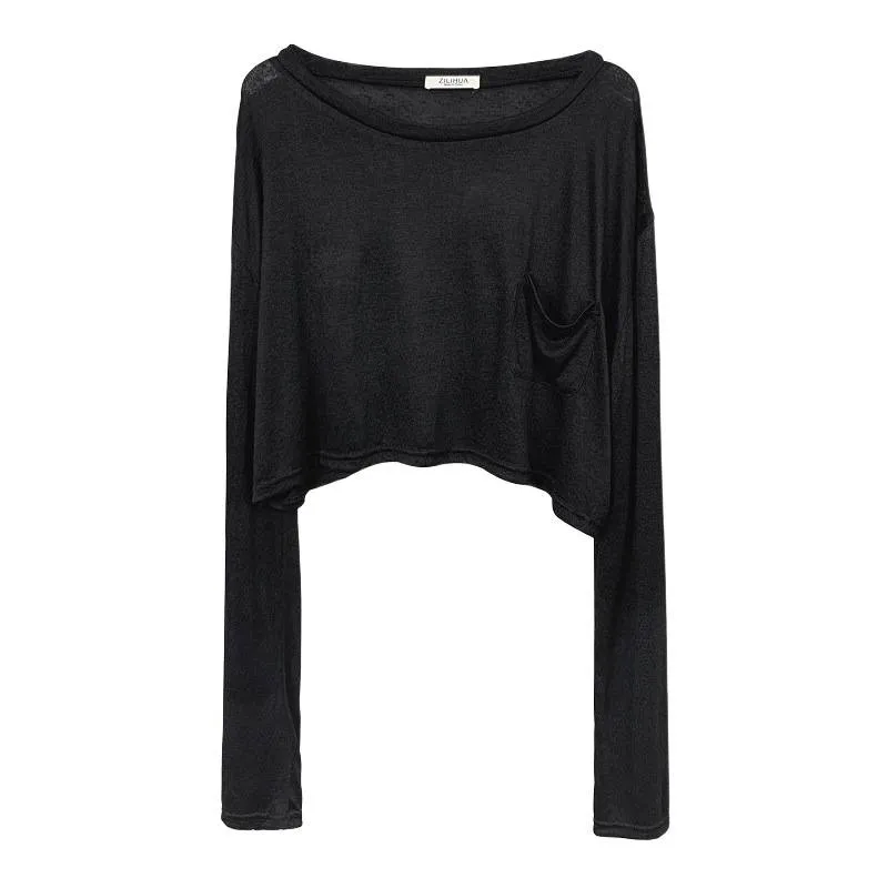 Women's Korean Style Crop Top Long Sleeve T-Shirt - High Waisted Sports Top, Loose Fit, Sun Protection, Slimming, See-Through Mesh thumbnail 5