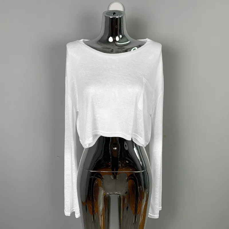 Women's Korean Style Crop Top Long Sleeve T-Shirt - High Waisted Sports Top, Loose Fit, Sun Protection, Slimming, See-Through Mesh thumbnail 6
