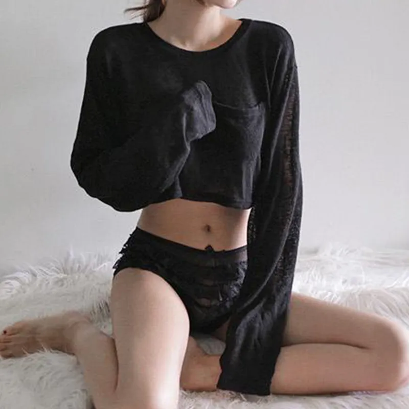Women's Korean Style Crop Top Long Sleeve T-Shirt - High Waisted Sports Top, Loose Fit, Sun Protection, Slimming, See-Through Mesh thumbnail 3