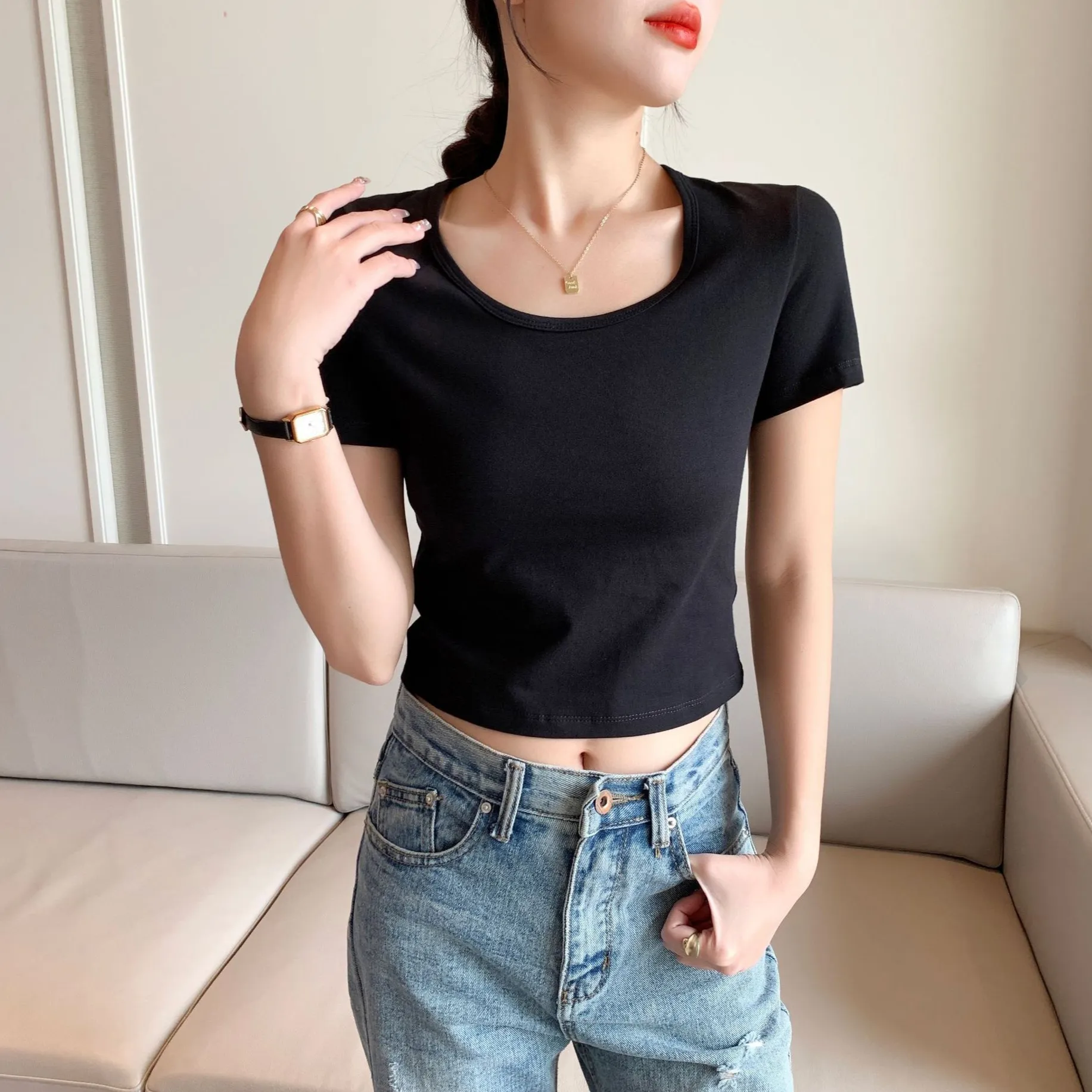 Women's Slim Fit Crop Top Short Sleeve T-Shirt - Round Neck Summer Navel Tee - Trendy Fitted Shirt for Women & Girls thumbnail 4