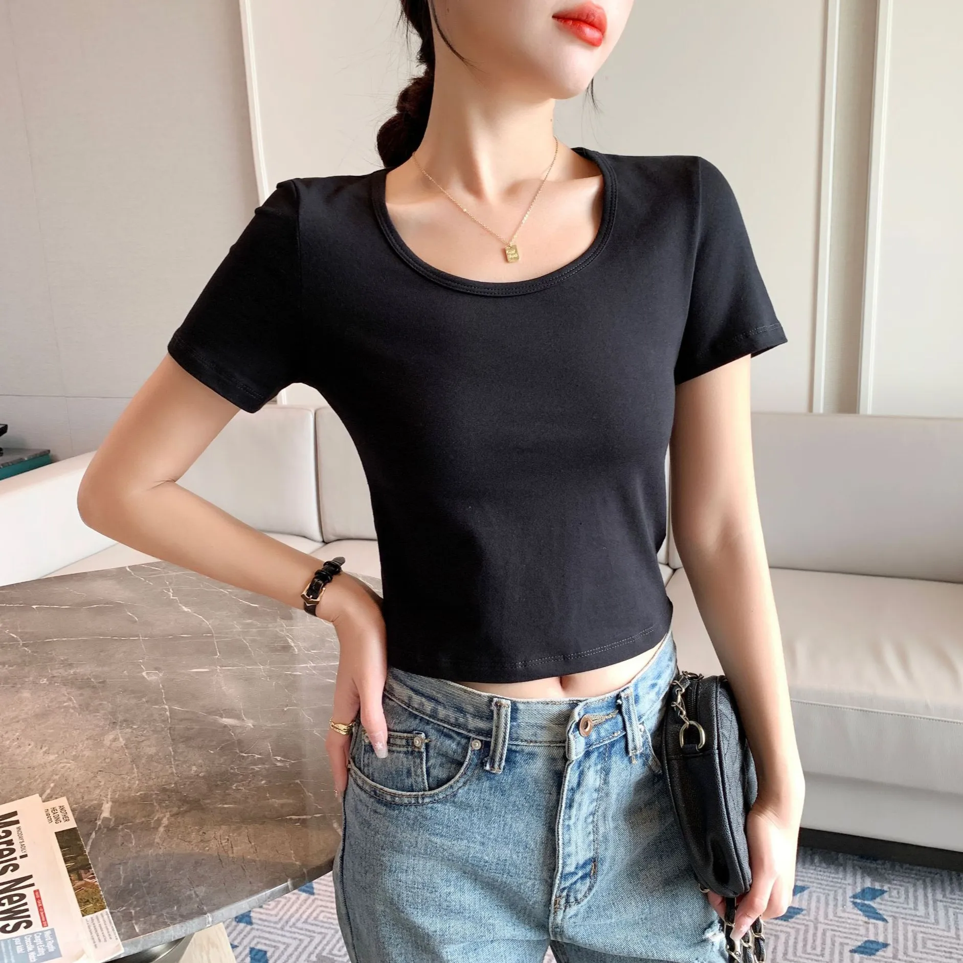 Women's Slim Fit Crop Top Short Sleeve T-Shirt - Round Neck Summer Navel Tee - Trendy Fitted Shirt for Women & Girls thumbnail 3